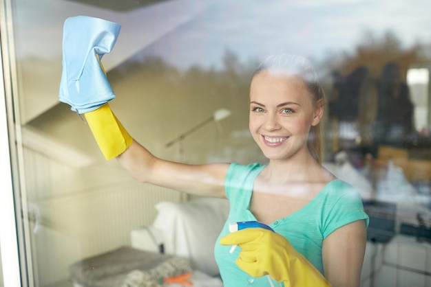 Conceito de pessoas, trabalho doméstico e limpeza - mulher feliz em luvas limpando janelas com pano e spray de limpeza em casa