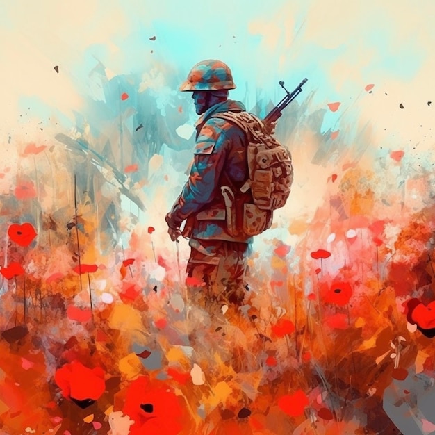 Conceito de pintura abstrata Estilo de arte colorida de um soldado em um campo de papoulas vermelhas Dia Anzac