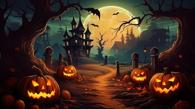 Conceito de pintura artística de fundo de Halloween com abóbora em um cemitério assustador à noite