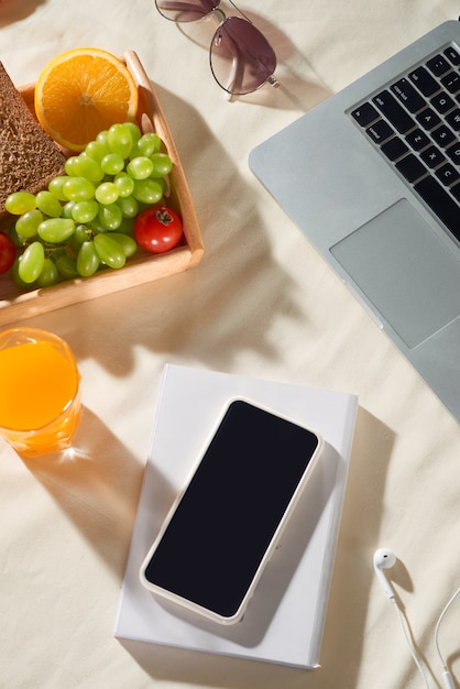 Conceito de piquenique e férias de verão com laptop, telefone, suco, fruta, fone de ouvido na luz de fundo.