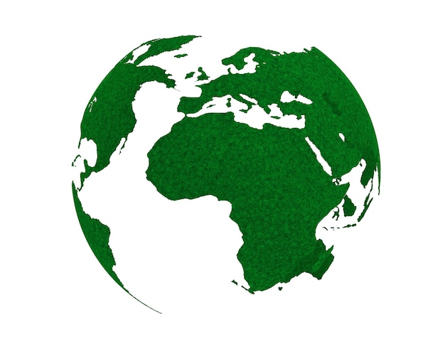 Conceito de planeta verde. Globo terrestre de grama em um fundo branco