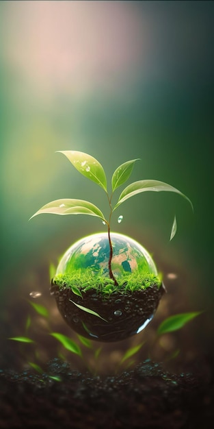 Conceito de plano de fundo de mídia social de natureza verde para o dia da terra com sementes de plantas na floresta crescendo no planeta e água ao seu redor