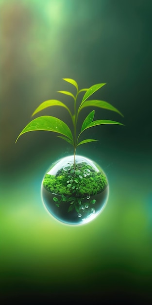 Conceito de plano de fundo de mídia social de natureza verde para o dia da terra com sementes de plantas na floresta crescendo no planeta e água ao seu redor