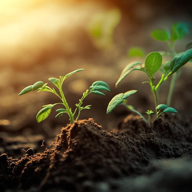 Conceito de plantas de crescimento na natureza luz da manhã em fundo verde Pequenas plantas jovens em um fundo verde o conceito de administração ambiental e Dia Mundial do Meio Ambiente