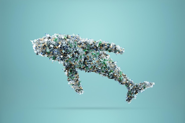 Conceito de plástico no oceano enorme baleia composta de garrafas de plástico e lixo em fundo azul
