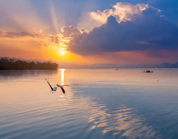 Foto conceito de poder e energia calmo pôr do sol acima do lago