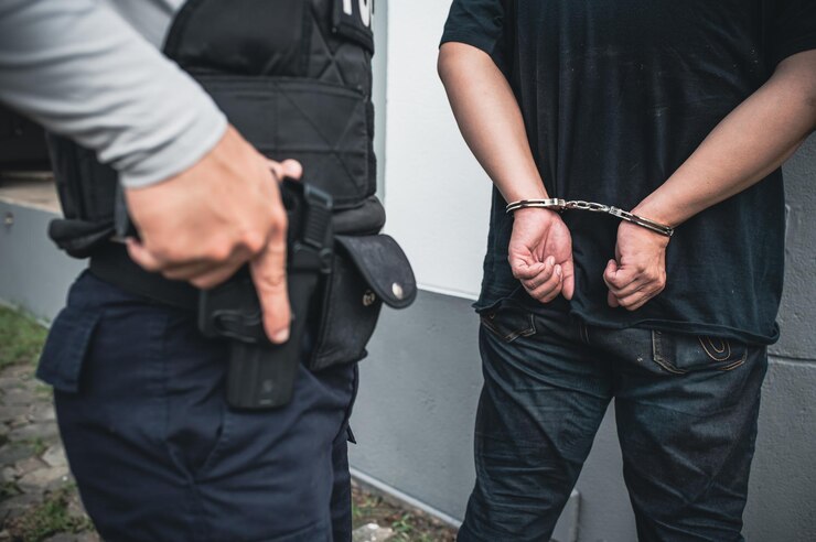 Foto conceito de polícia e ladrão o policial pega criminosos infringe a lei