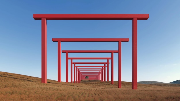 Conceito de porta vermelha de fundo abstrato paisagem renderização 3d