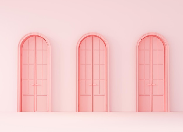 Conceito de portas em renderização 3d de cor rosa pastel monocromática simples