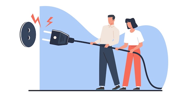 Conceito de poupança de eletricidade mulher e homem puxando o fio elétrico da tomada Baixar as contas de serviços públicos Conservação do estilo de vida ecológica da família Ilustração isolada de desenho animado vetorial
