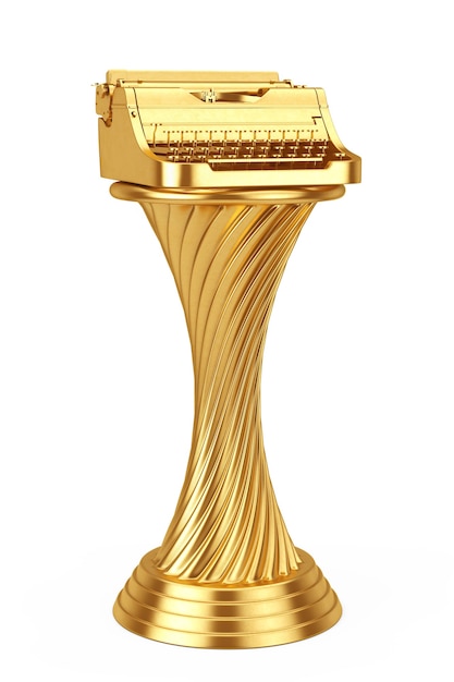 Conceito de prêmio de escritor. Golden Award troféu Old Vintage Retro Typewriter em um fundo branco. Renderização 3D.