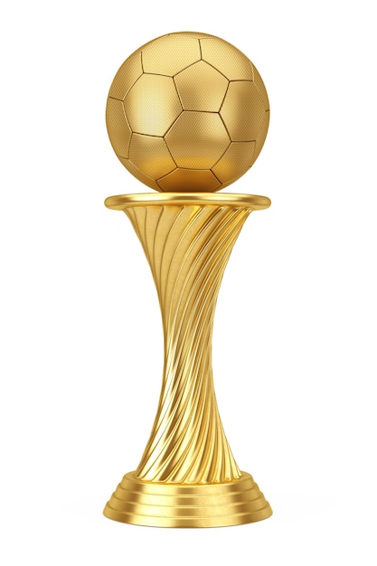 Conceito de prêmio de futebol de futebol. Bola de futebol do futebol do troféu do prêmio de ouro em um fundo branco. Renderização 3D