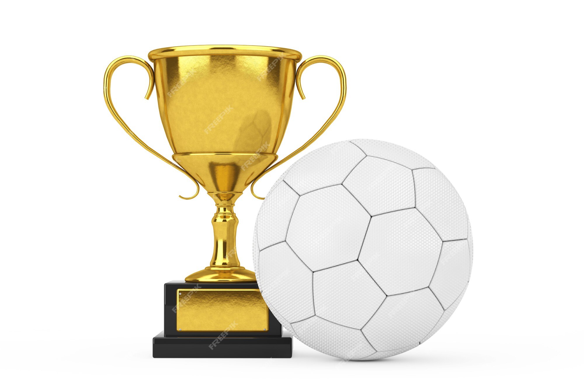 Copa do troféu 3d e bola de futebol. prêmio de 1º lugar.jogo de futebol e  recompensa em ouro. conceito de vencedor.