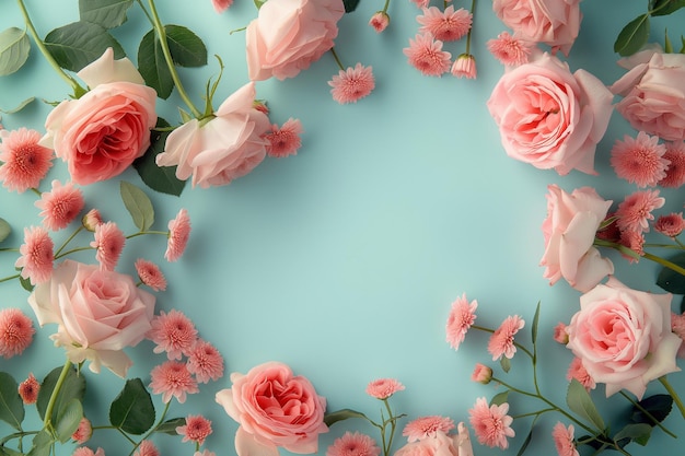 Conceito de presente de saudação de feriado do Dia das Mães com flores em fundo de mesa azul brilhante