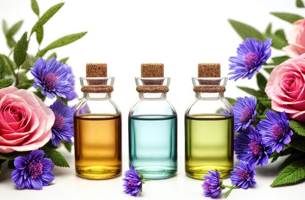 conceito de primavera de frascos de óleo de essência de cosméticos orgânicos naturais com flores