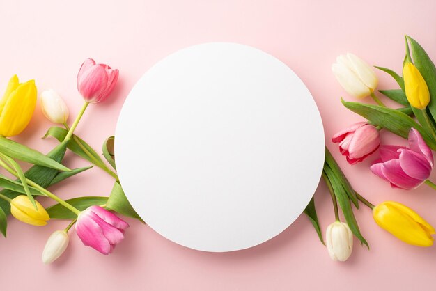 Conceito de primavera Foto de top view de círculo branco e tulipas frescas coloridas em fundo rosa pastel isolado com copyspace