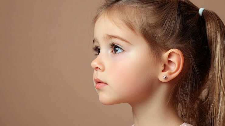 Foto conceito de problema auditivo menina em fundo castanho pálido