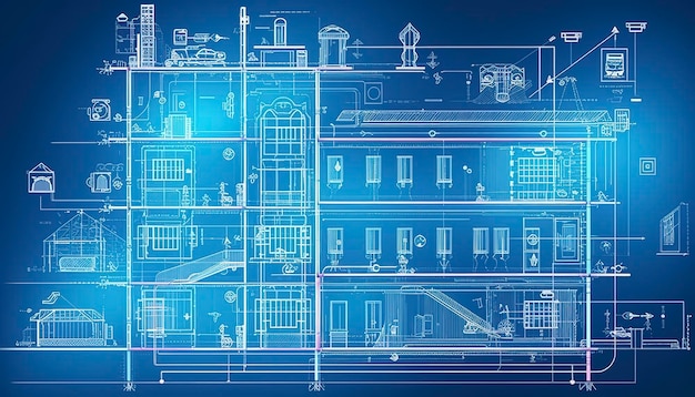 Conceito de projeto de edifício Engenharia do sistema autônomo de um edifício inteligente Projeto de comunicações de casa Desenvolvimento de projeto de casa de apartamentos Desenho arquitetônico gerar ai