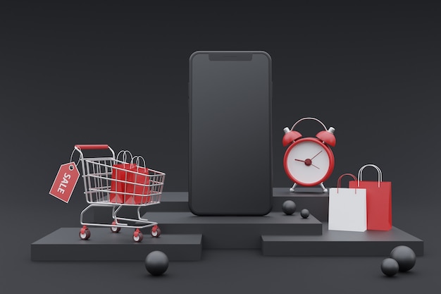 Conceito de promoção de compras online 3D com renderização de background.3d escuro de smartphone mock-up.on.