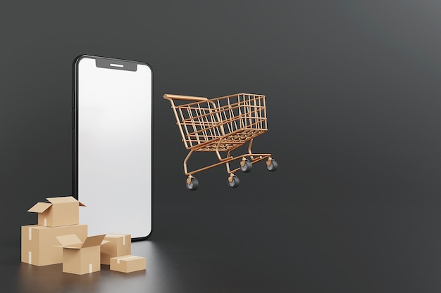 Conceito de promoção de compras online 3D com renderização de background.3d escuro de smartphone mock-up.on.