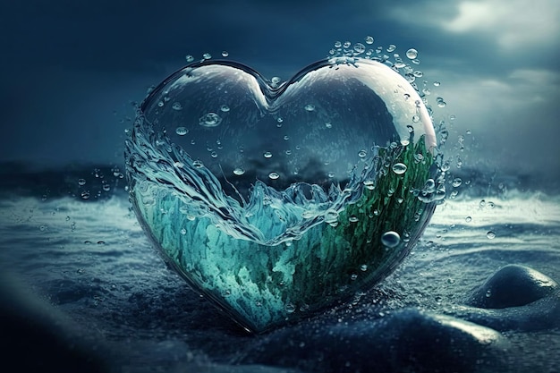 Conceito de proteção ambiental para o Dia da Terra Água do oceano e do mar dentro de um coração transparente