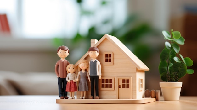 Foto conceito de proteção da família com uma família de bonecas de madeira