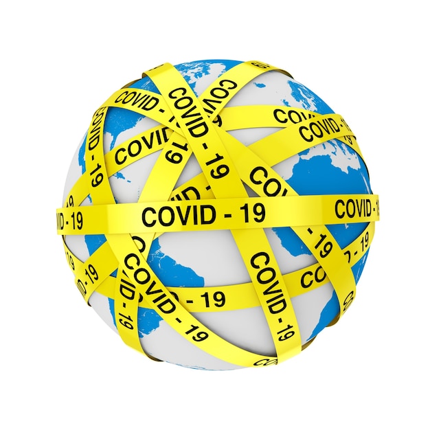 Conceito de quarentena mundial. tiras de fita amarela covid-19 ao redor do globo terrestre em um fundo branco. renderização 3d