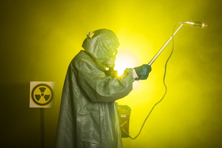 Foto conceito de radiação e perigo - homem de máscara de gás e roupa química. o trabalhador medindo a radioatividade