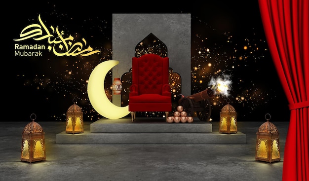 Conceito de Ramadã Canon Ramadan kareem com crescente com renderização em 3d da cadeira xAKing Throne