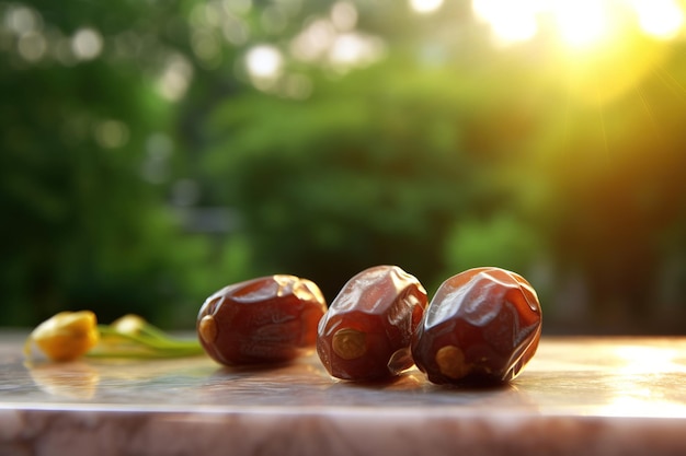 conceito de ramadã close-up de frutas tâmaras com belo fundo natural visto