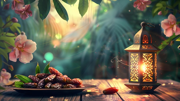 conceito de Ramadan Kareem com placa de datas Iftari e antiga lanterna árabe em um fundo de madeira vetorial e flor
