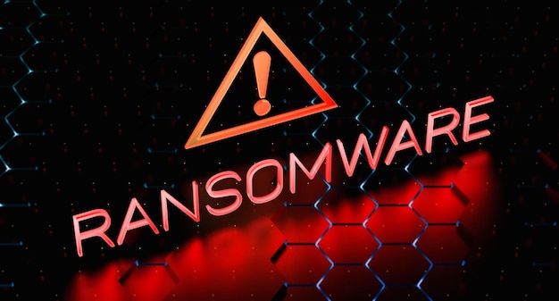 Conceito de ransomware com um sinal de alerta de néon vermelho com fundo desfocado