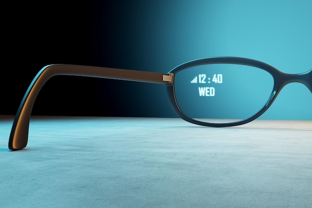 Conceito de realidade aumentada com data e hora digital em óculos clássicos sobre renderização 3D de superfície de concreto