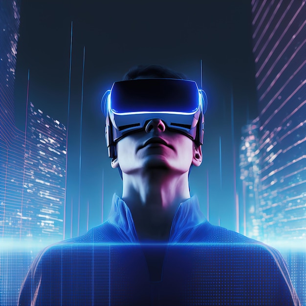 Conceito de realidade virtual futurista tecnologias VR e AR Um homem de óculos com ilustração 3d