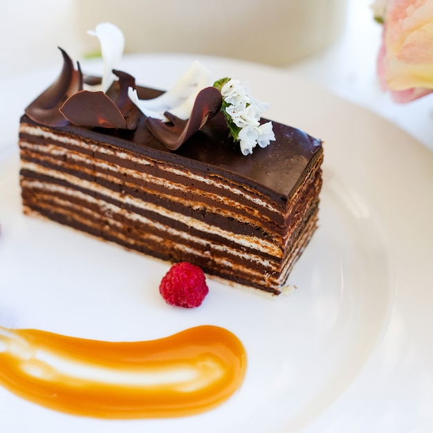 Conceito de receita de sobremesa de bolo de chocolate saboroso. comida pronta do restaurante.