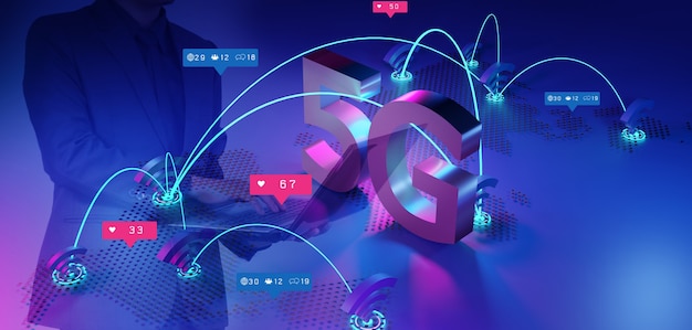 Conceito de rede 5G, Internet de alta velocidade, tecnologia sem fio de rede, renderização 3D