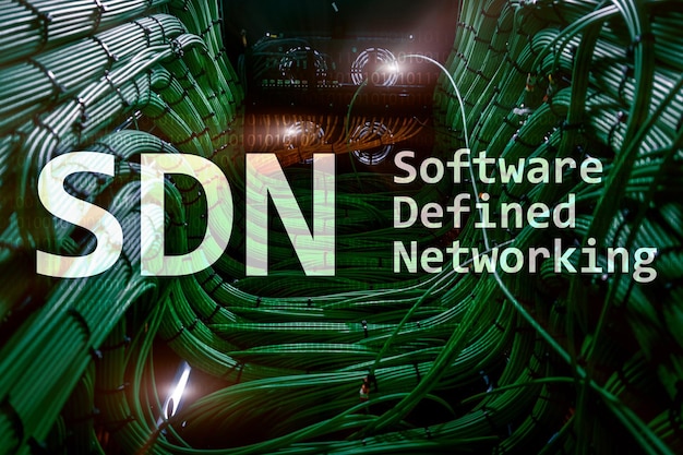 Conceito de rede definido por software SDN no fundo da sala de servidores moderna