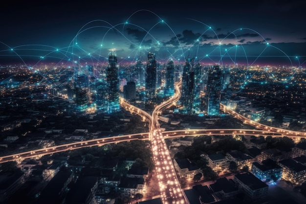Conceito de rede inteligente e tecnologia de conexão contra uma paisagem urbana noturna de Bangkok na Tailândia