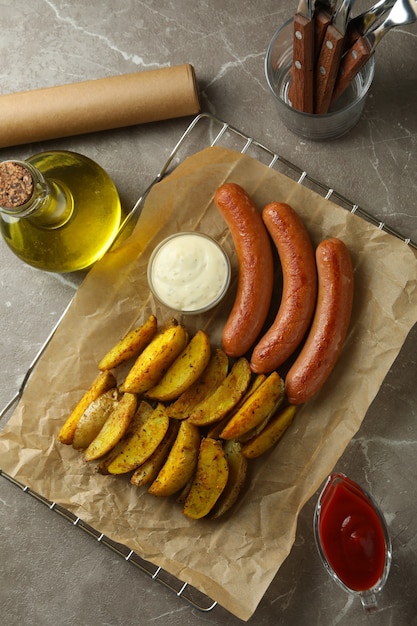 Conceito de refeição deliciosa com rodelas de batata, molho e linguiça