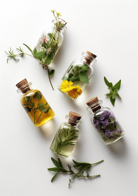 Conceito de remédios à base de ervas com garrafas de vidro e plantas ao redor isoladas na vista superior de fundo branco