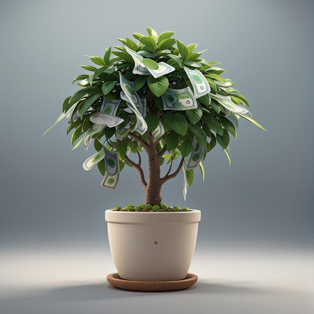 Conceito de renderização 3d de árvore de dinheiro com planta em vaso