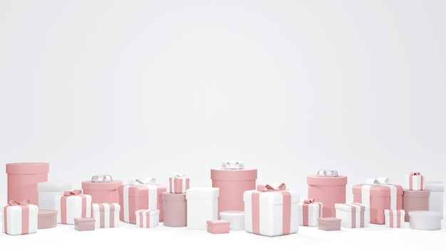 Conceito de renderização 3D de celebração de aniversário Conjunto de caixas de presente embrulhadas em tema rosa sobre fundo branco para design comercial Caixas de presente embrulhadas 3d Render