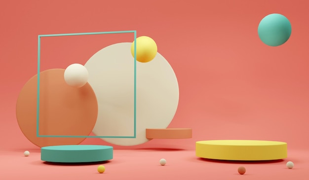 Conceito de renderização 3d de elementos de geometria de pódio de exibição de produto com tema pastel colorido para design de modelo comercial de fundo de tela. 3d rendem a ilustração.