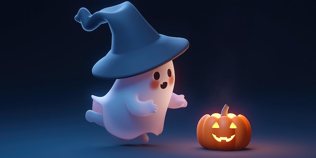 Conceito de renderização 3D de fantasma bonitinho usando chapéu de bruxa andando para doces ou travessuras no Halloween