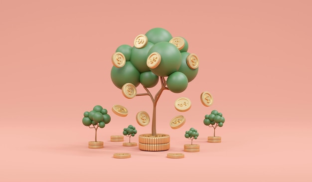 Conceito de renderização 3D de investimento de dinheiro. Árvores com moedas caindo no fundo. Renderização 3D.