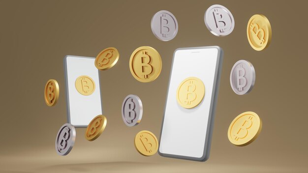 Foto conceito de renderização 3d de moedas de ouro com b nas moedas que se referem à criptomoeda bitcoin e um smartphone para design comercial renderização 3d