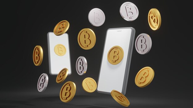 Foto conceito de renderização 3d de moedas de ouro com b nas moedas que se referem à criptomoeda bitcoin e um smartphone para design comercial renderização 3d