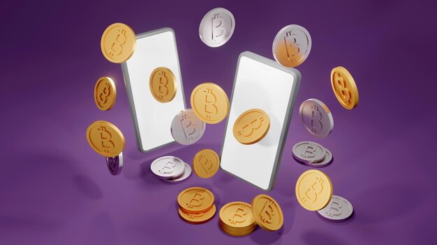 Foto conceito de renderização 3d de moedas de ouro com b nas moedas que se referem à criptomoeda bitcoin e um smartphone para design comercial renderização 3d