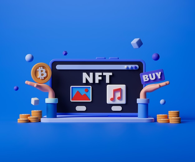 Conceito de renderização 3D NFT ou ilustração de token não fungível