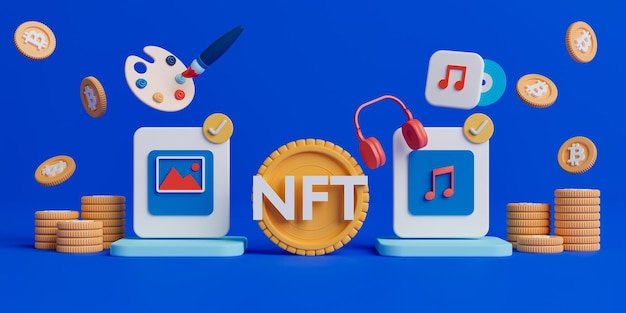 conceito de renderização 3d NFT ou token não fungível para obras de arte e música